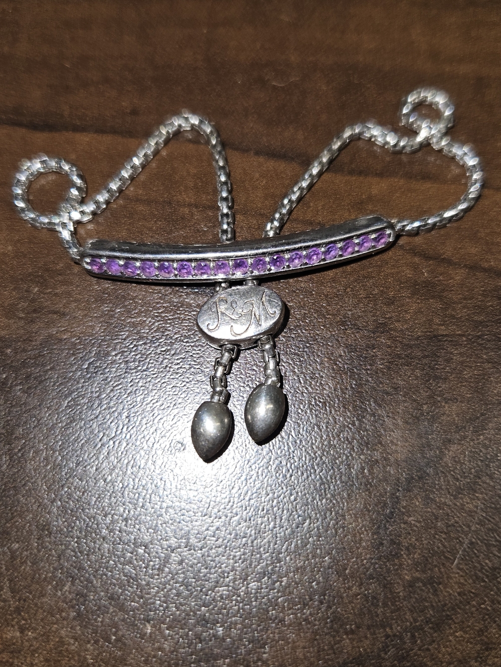 .925 sterling silver bolo tennis bracelet Amethyst stone-set bar adjustable